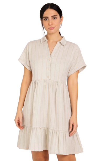 Light Grey Shirt Collar Tiered A-Line Dress | Viscose Cotton Linen Blend | Short Sleeve Casual Dress