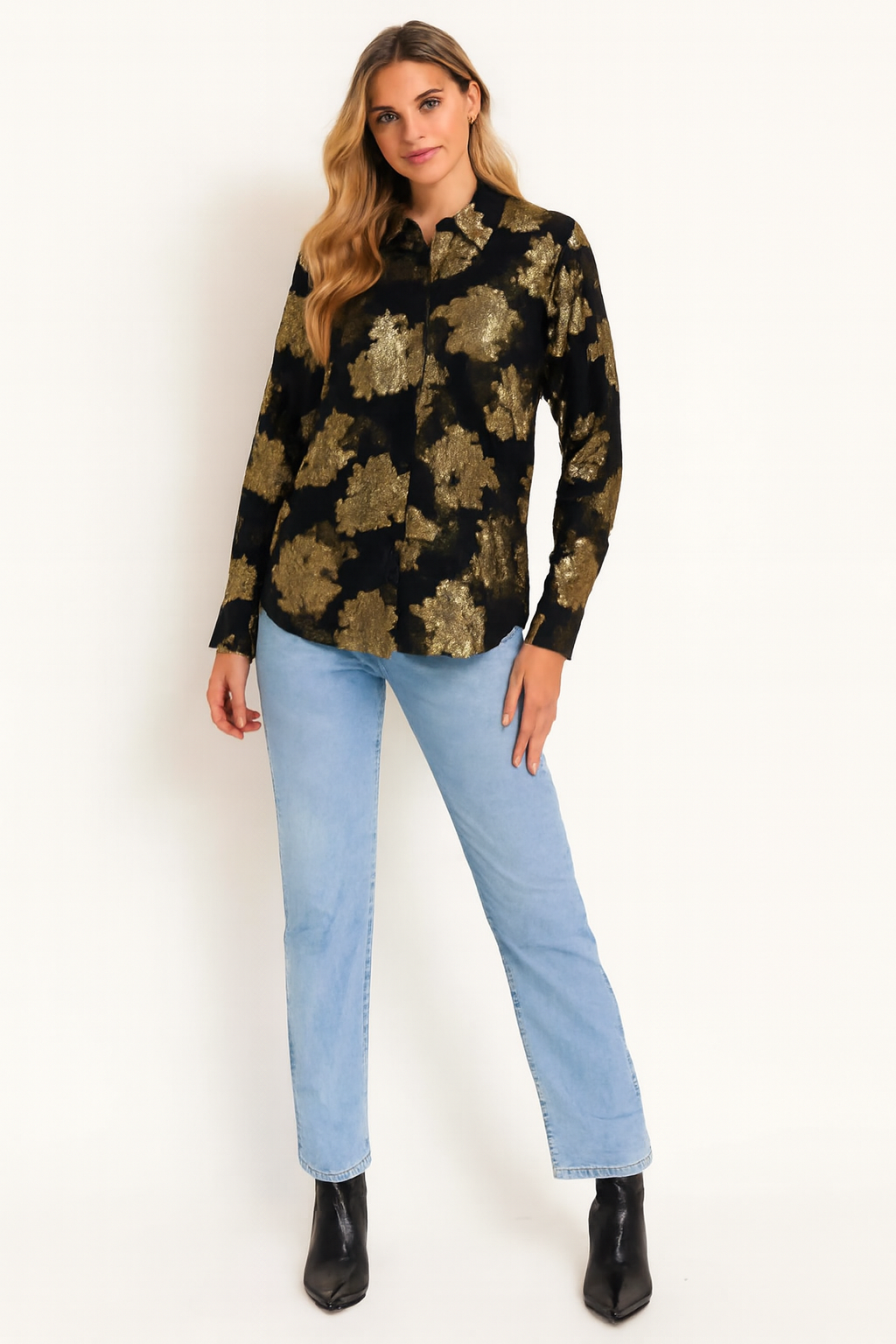 Dark Blue & Golden Rose Printed Loose Fit Shirt
