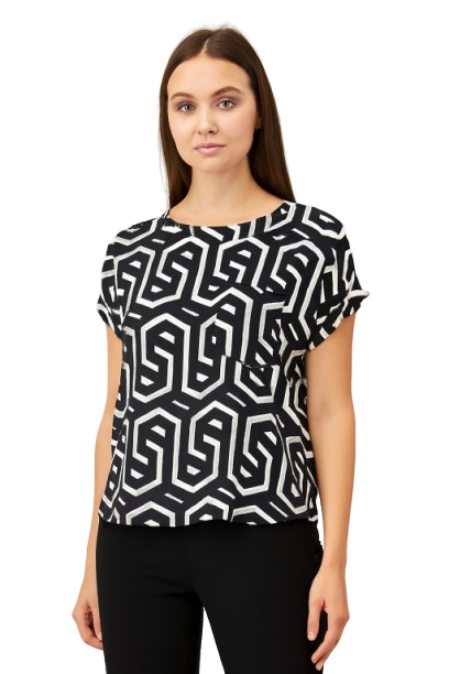 Printed Regular Fit Top | Round Neck | Short Sleeve | Black & White Polyester Stretch Top