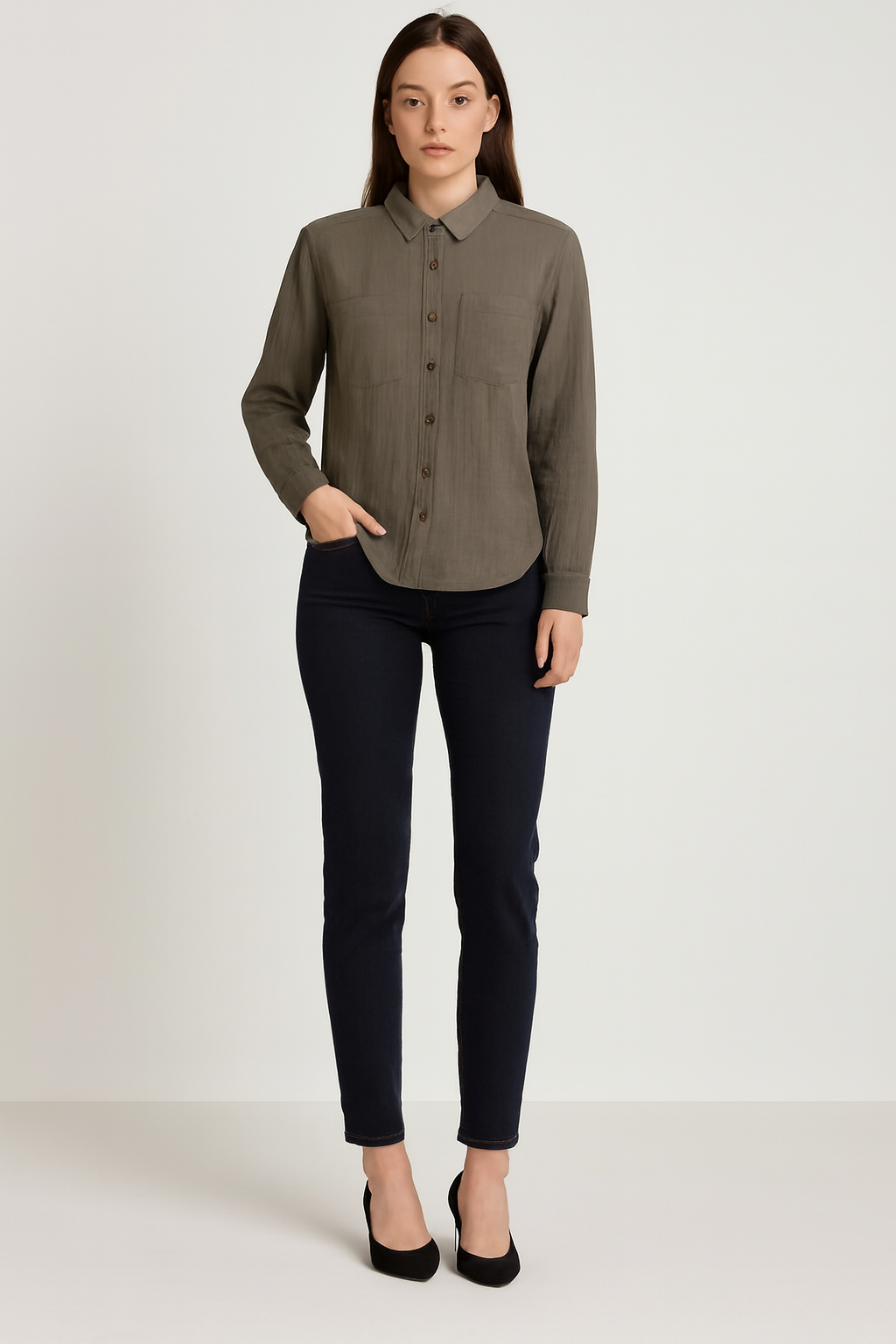 Dark Green Cotton Shirt | Full Sleeve Button-Down Shirt | Loose Fit with Dual Pockets