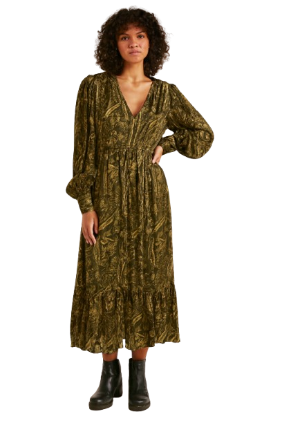 Polyester Green & Gold Printed Maxi Dress with V-Neck and Full Sleeves