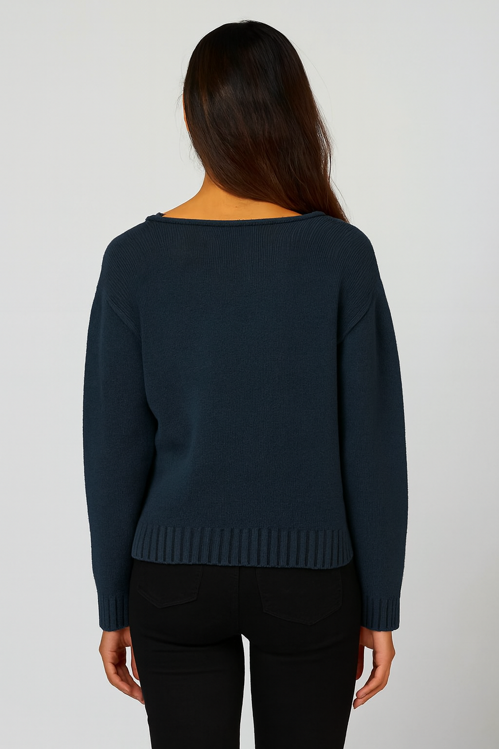 Relaxed Fit Knitted Sweater 100% Acrylic, Boat Neck, Long Sleeves, Front Patch Pocket Blue