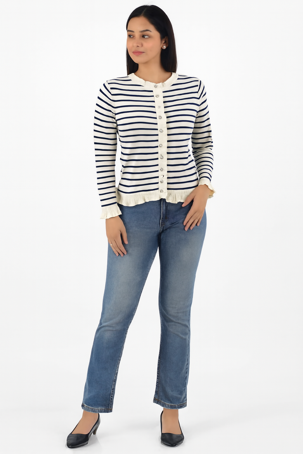 Viscose Striped Button-Down Cardigan | Round Neck | Full Sleeve | Loose Fit | Cream & Navy Blue