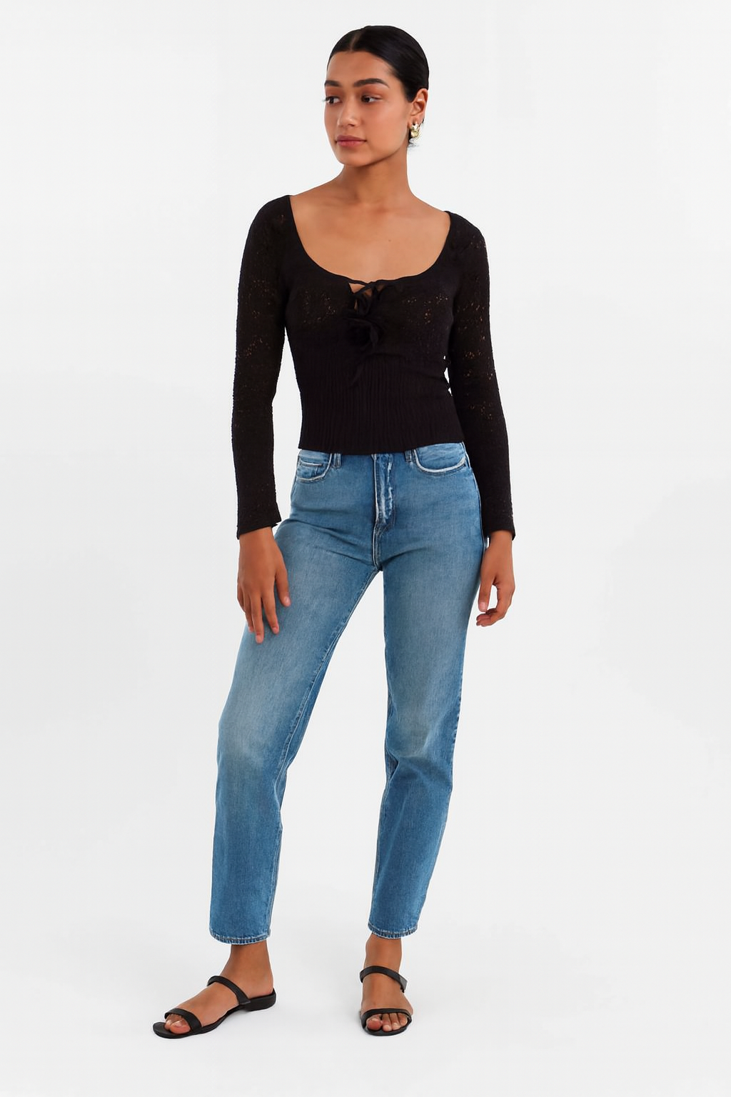 Acrylic Brown Knitted Tie-Front Sweater | Full Sleeve Crochet Style Sweater