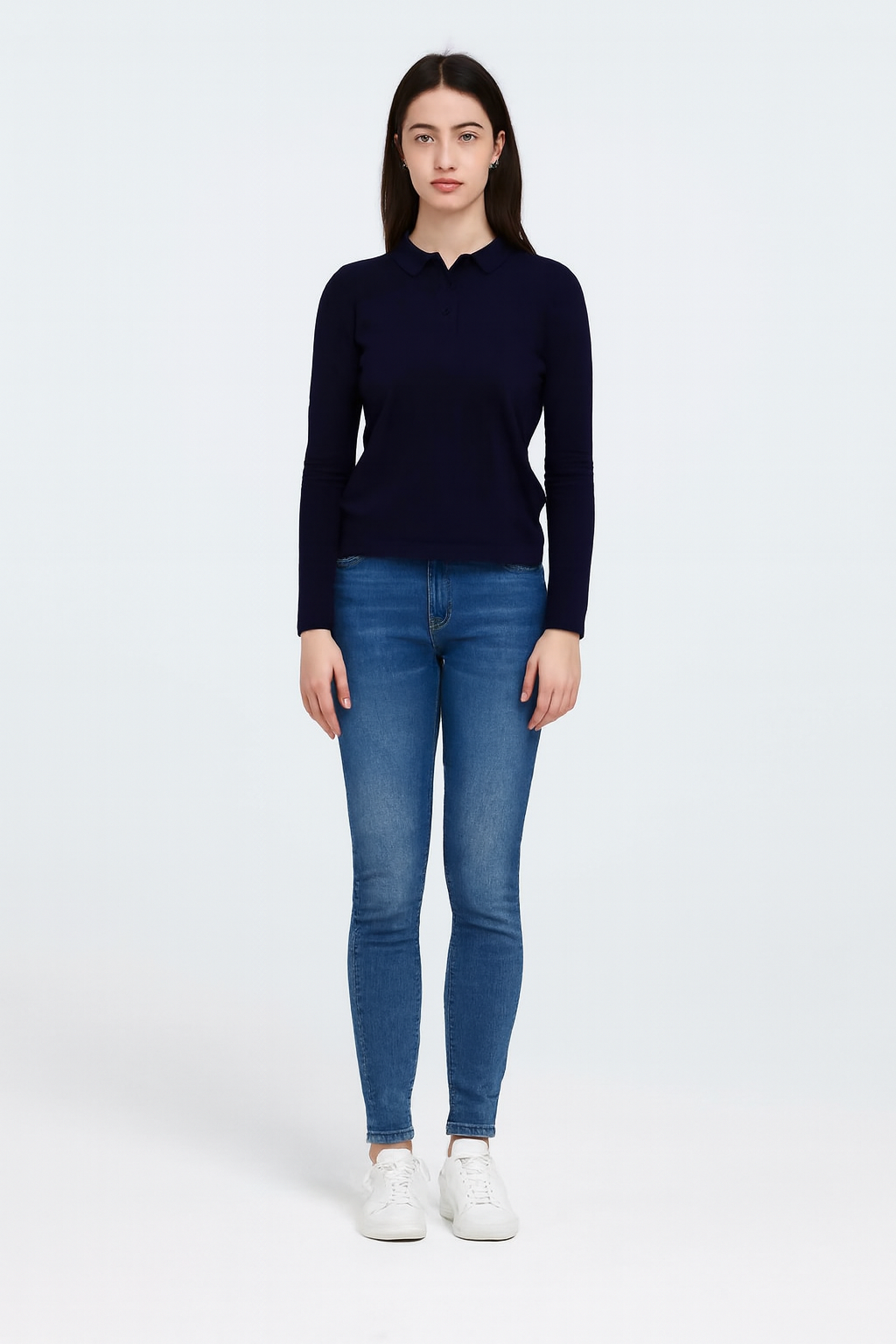 Solid Dark Blue Sweater | High Neck with Button Placket | Full Sleeve | Loose Fit | Viscose Blend