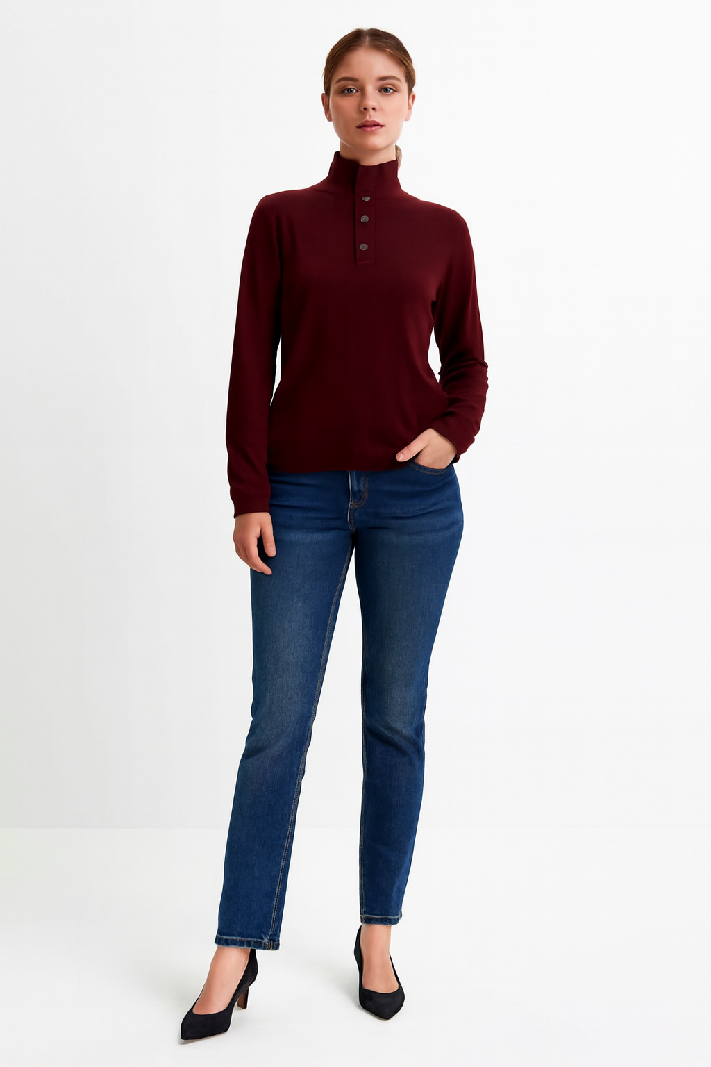 Solid Wine Sweater | High Neck with Button Placket | Full Sleeve | Loose Fit | Viscose Blend