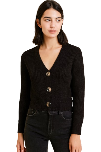 Black Button-Down Cardigan | Full Sleeve V-Neck Acrylic Knit Sweater | Winter Cropped Cardigan