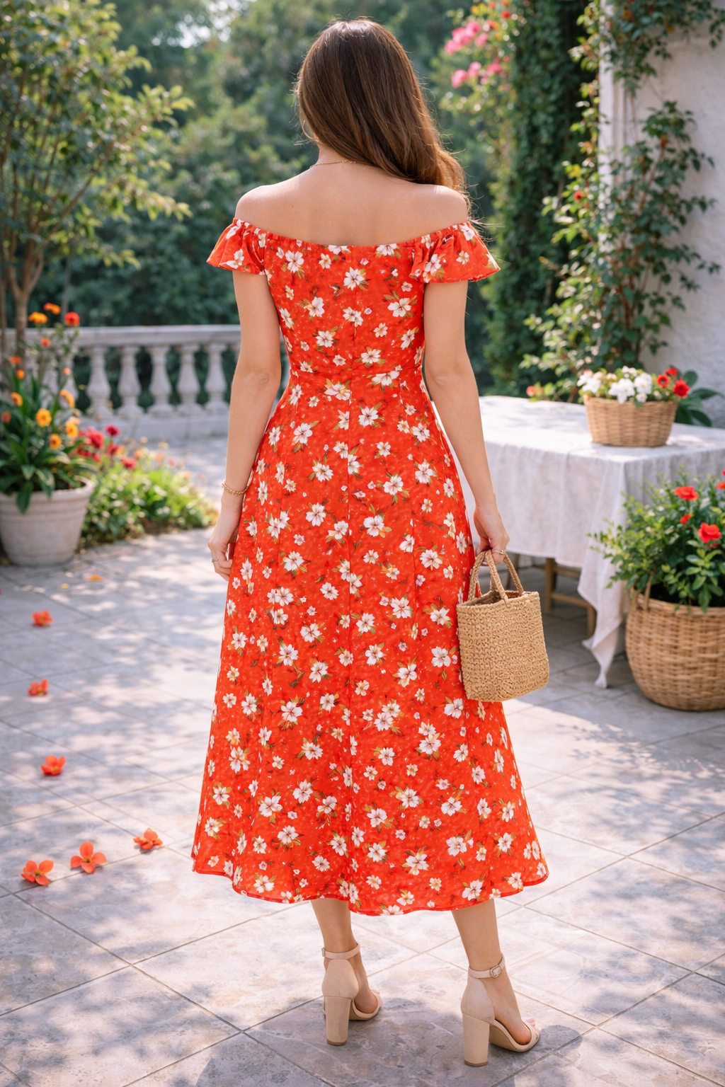 Orange Floral Off-Shoulder Midi Dress | 100% Rayon | Flared Summer Dress