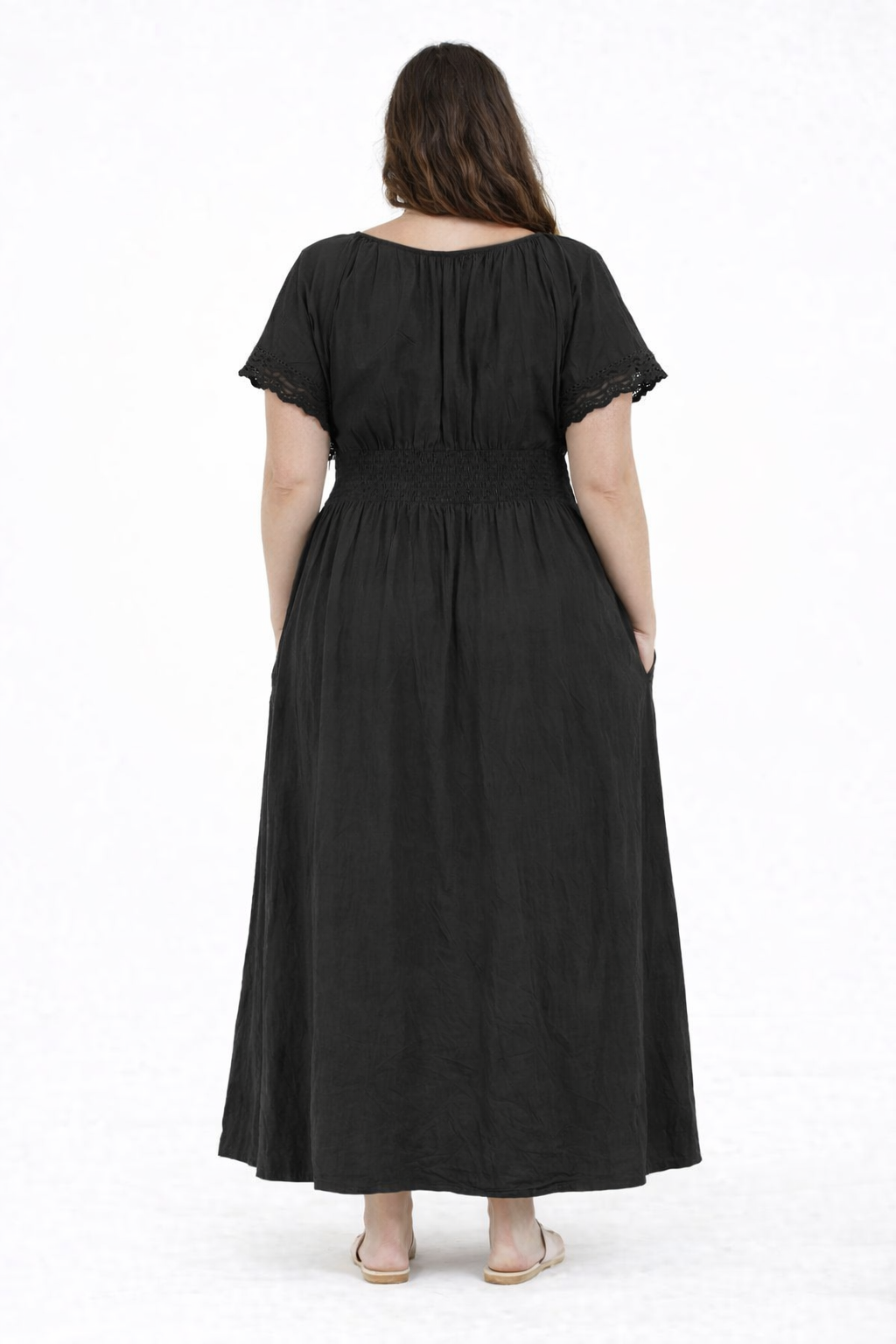 NoBarr Women Plus Size Black Cotton Fit & Flare Maxi Dress with Pockets
