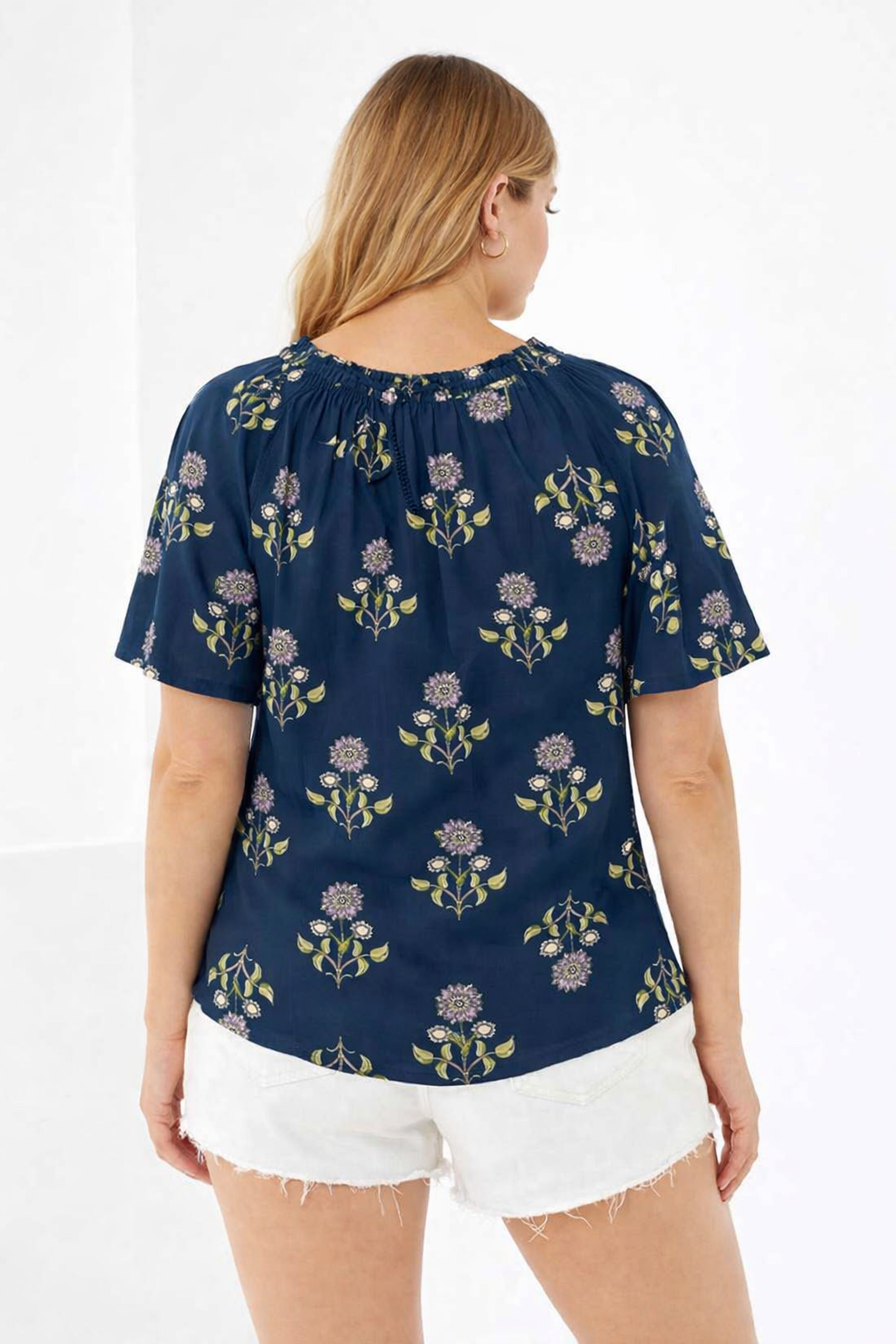 Deep Blue Floral Cotton Poncho Style Top – Loose Fit Plus Size Casual Wear