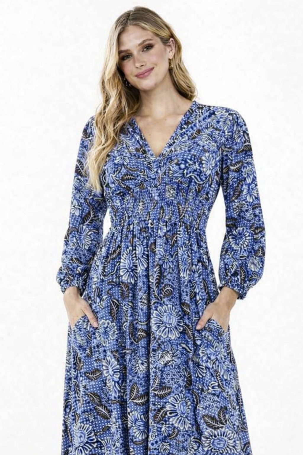 Printed Rayon Maxi Dress with 2 Side Pockets – Blue