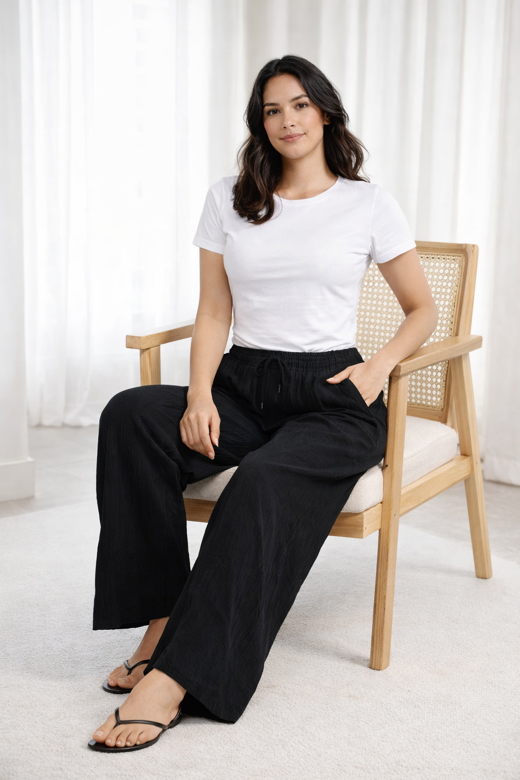 Black Cotton Wide Leg Pants | Elastic Waist Casual Palazzo Trousers with Pockets