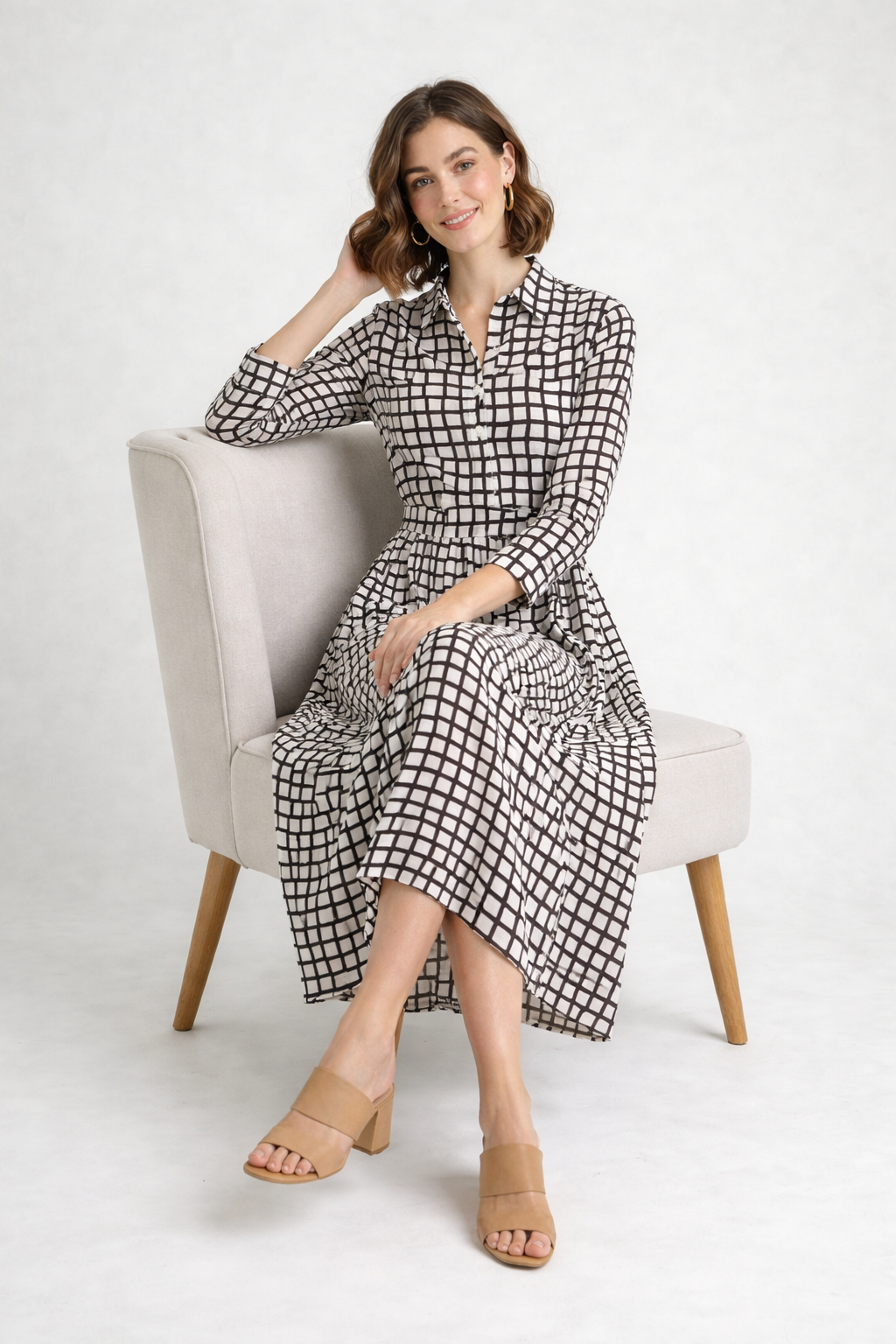 Beige & Black Checked Viscose Midi Dress | Collared Shirt Dress
