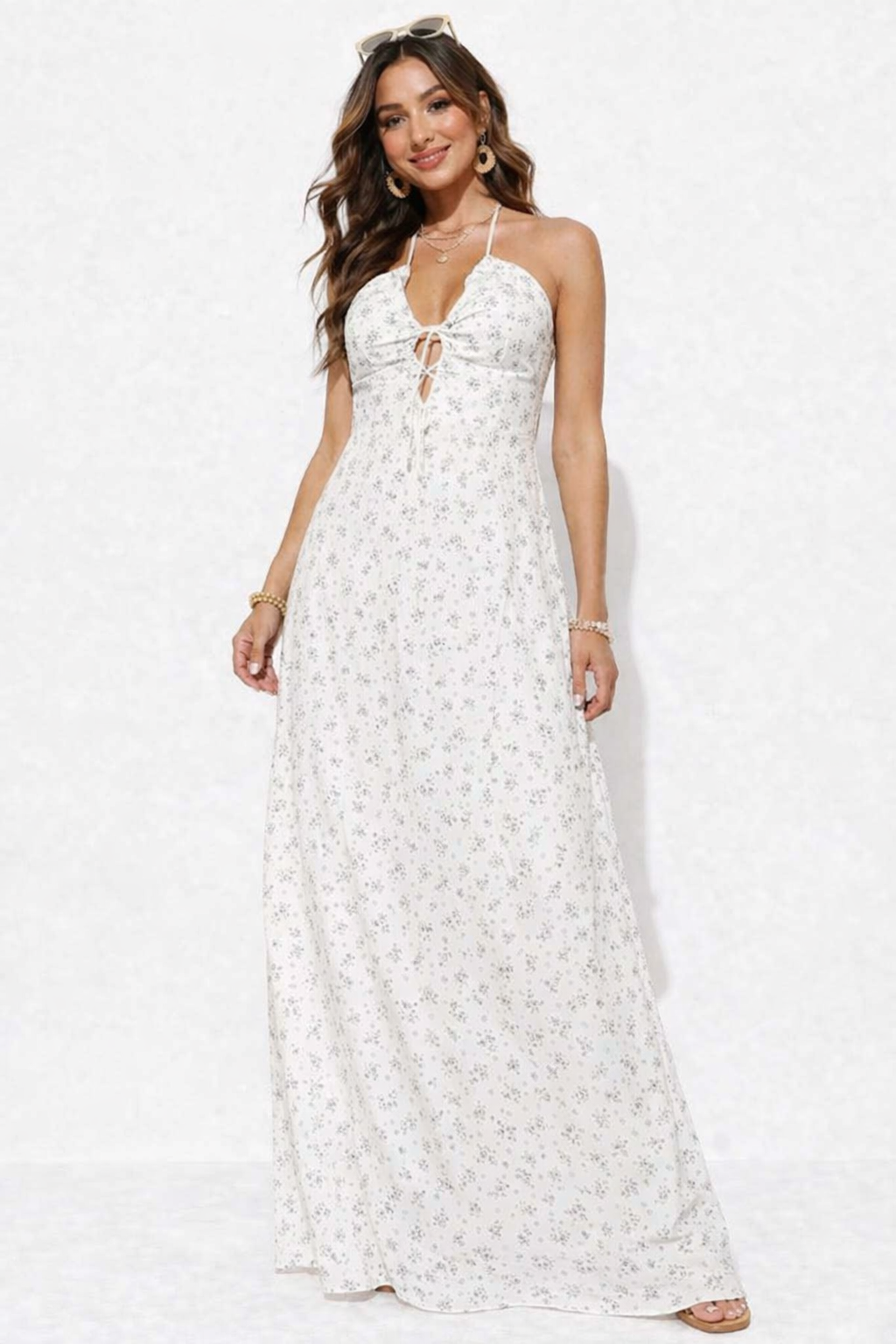 Off White Floral Halter Neck Sleeveless Maxi Dress