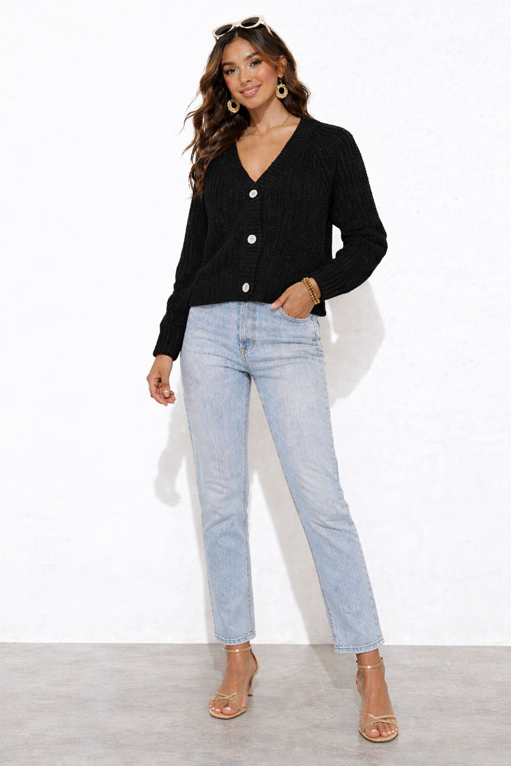 Black Acrylic Drop Shoulder Knit Cardigan with Front Button Closure