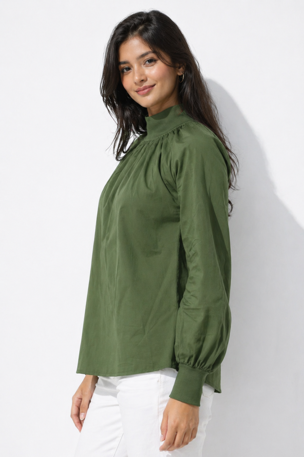 Olive Green High Neck Gathered Top