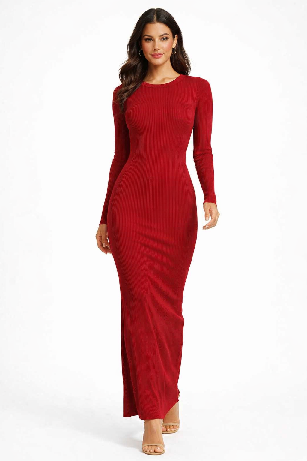 Maroon Ribbed Bodycon Maxi Dress | Full Sleeve Round Neck Stretchable Knitted Viscose Dress