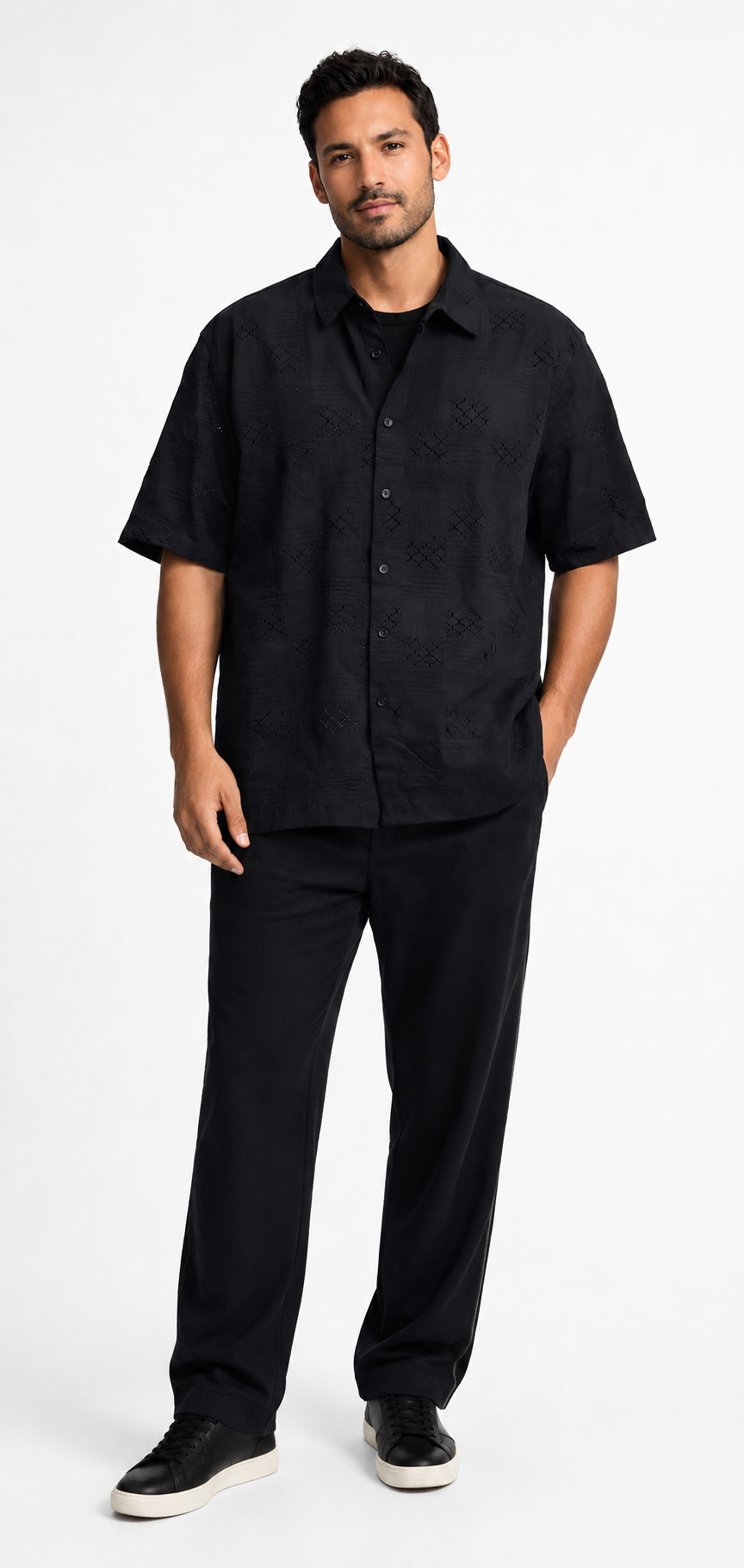 NoBarr Men's Black Cotton Shirt | Short Sleeve Button Down Loose Fit Casual Shirt | Textured Design