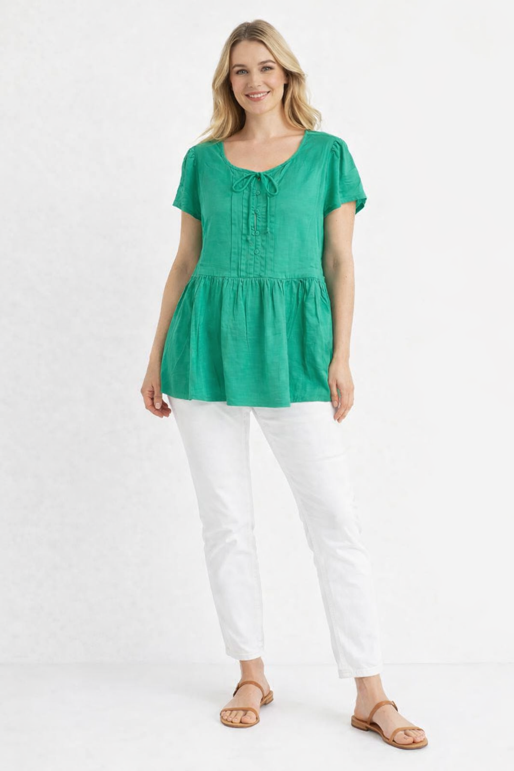Green Viscose Linen Top | Round Neck Short Sleeve Loose Fit Casual Peplum Style Top