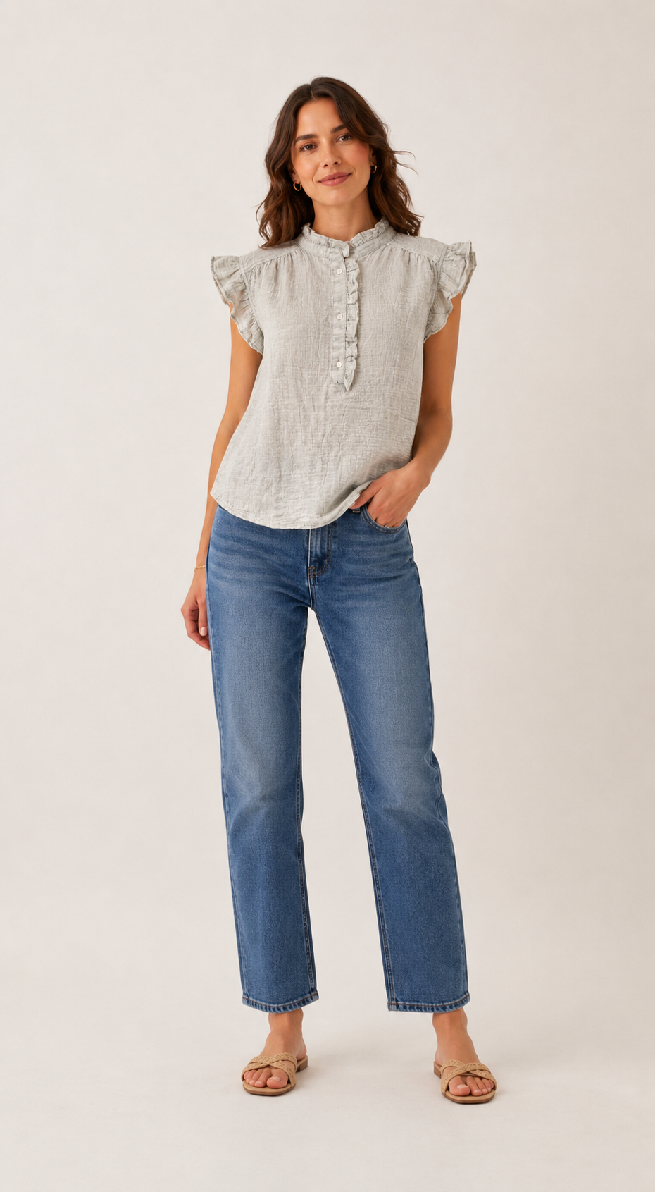 Light Grey Cotton Top | Ruffle Neck Cap Sleeve Loose Fit Casual Top