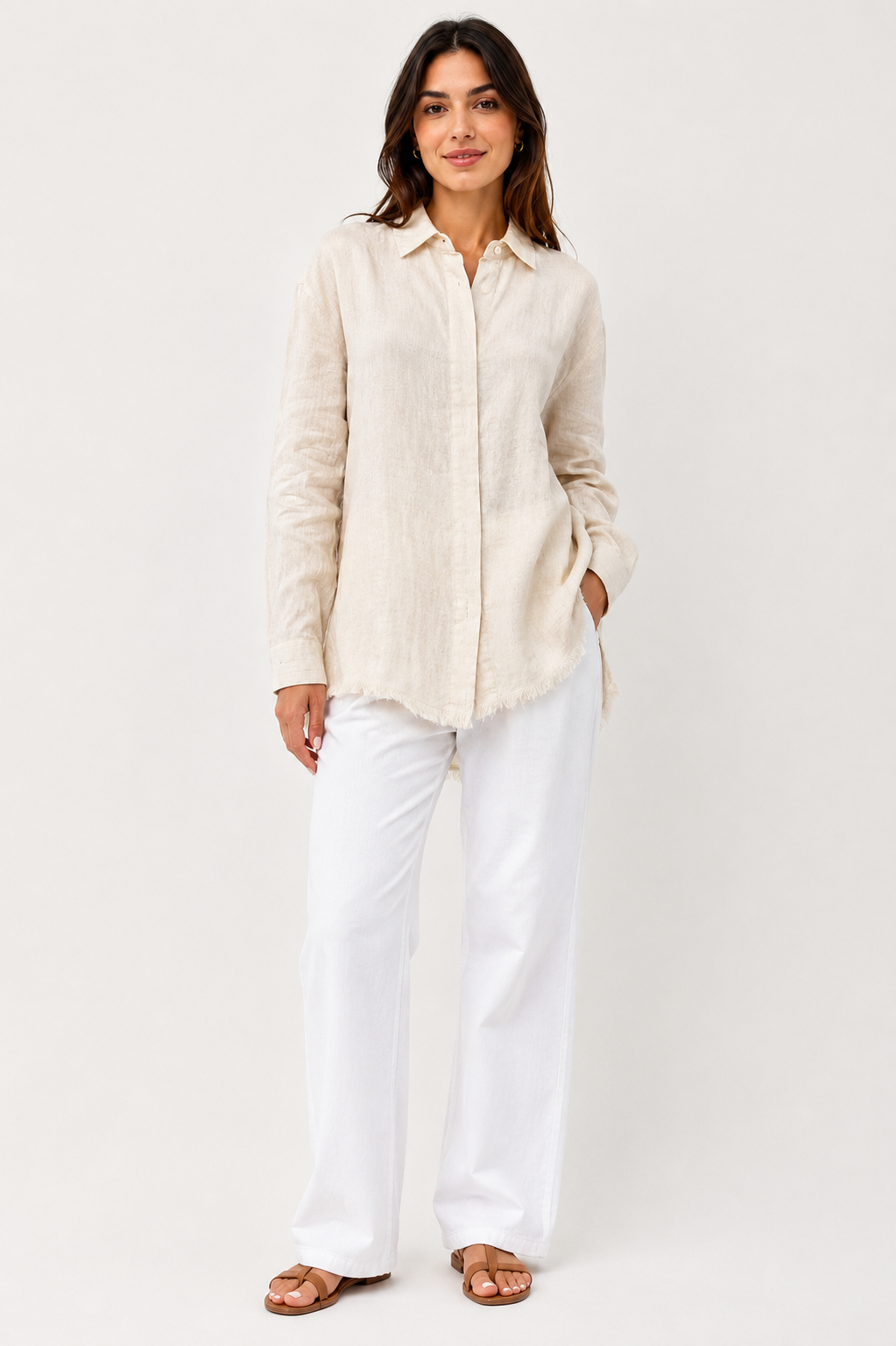 Cream Cotton Blend Shirt | Collared Long Sleeve Loose Fit Casual Stretch Shirt Top
