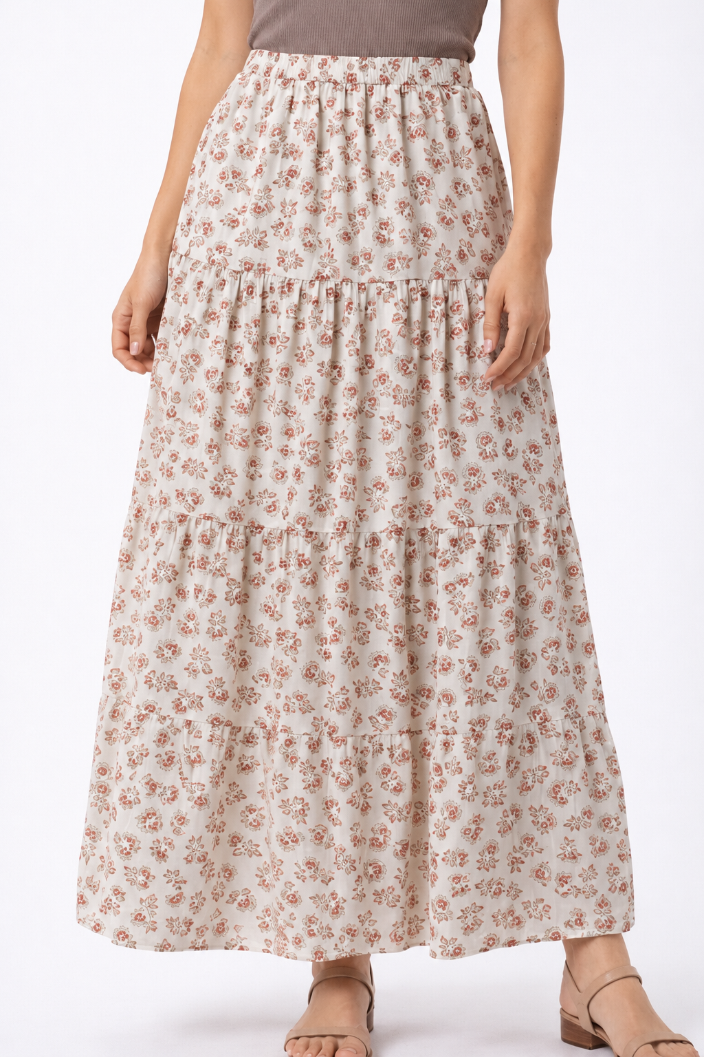 Cream & Red Floral Printed Maxi Skirt | High Waist Tiered Polyester Skirt | Casual Summer Wear