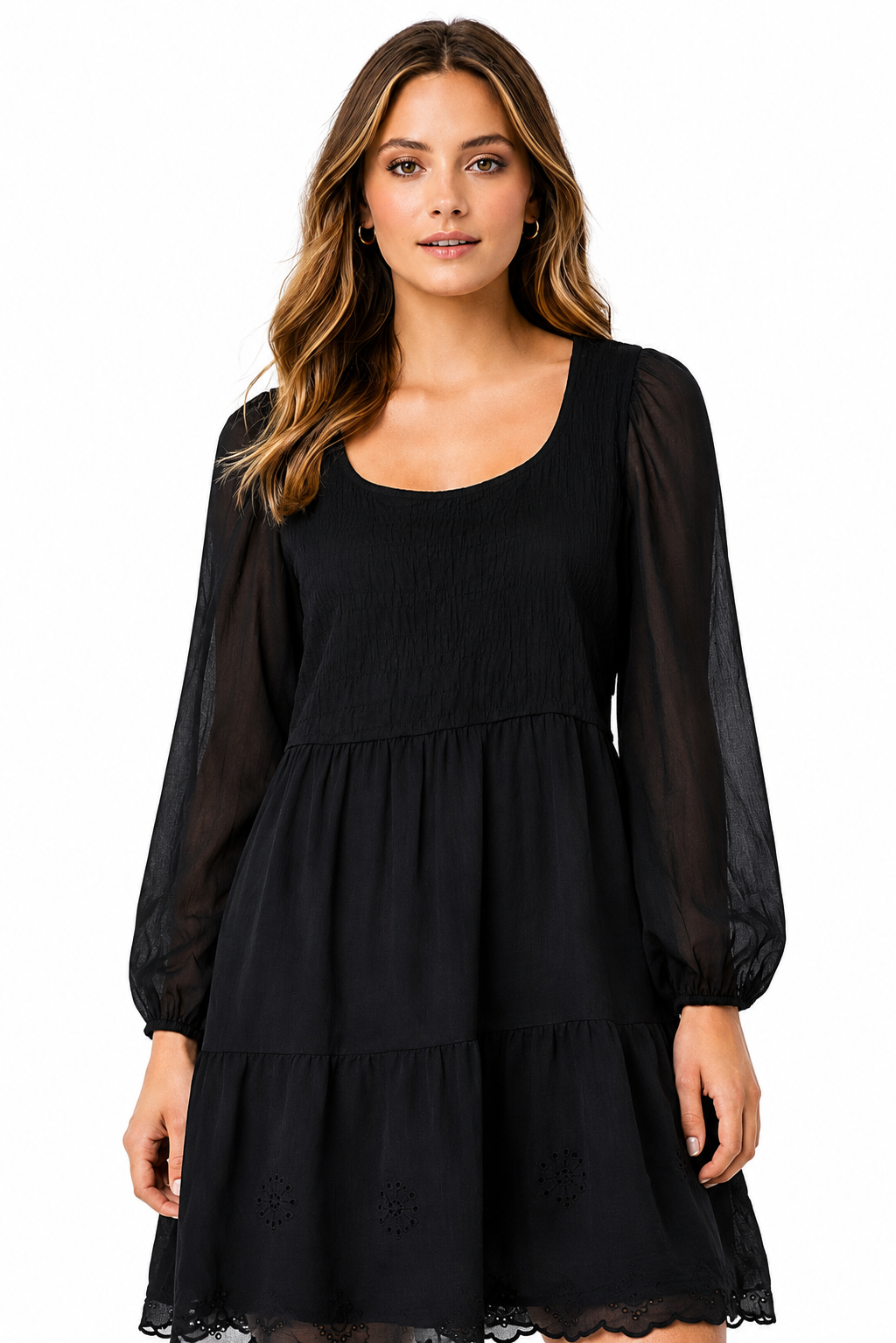 Black Chiffon Tiered Mini Dress with Sheer Sleeves & Inner (Stretchable Upper)