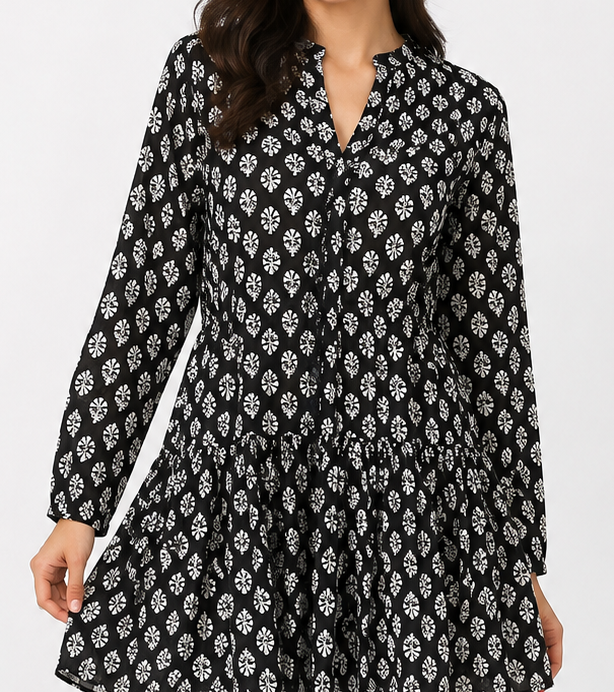 Black Printed Cotton A-Line Tunic Dress (Loose Fit)