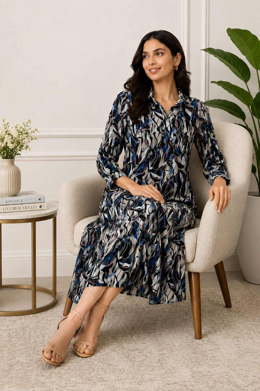 Multi Colour Printed Midi Shirt Dress with Pockets (100% Viscose)