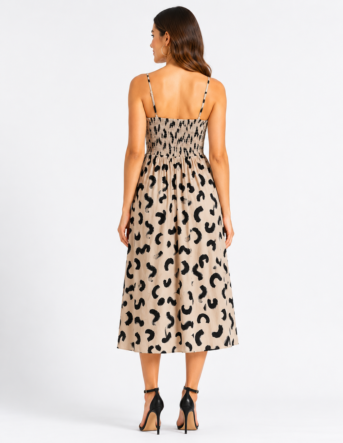 Beige Leopard Print Smocked Midi Dress