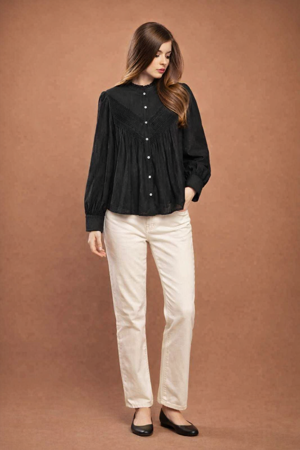 Black Cotton Lace Detail Top | Ruffle Neck Button Front Puff Sleeve Casual Blouse