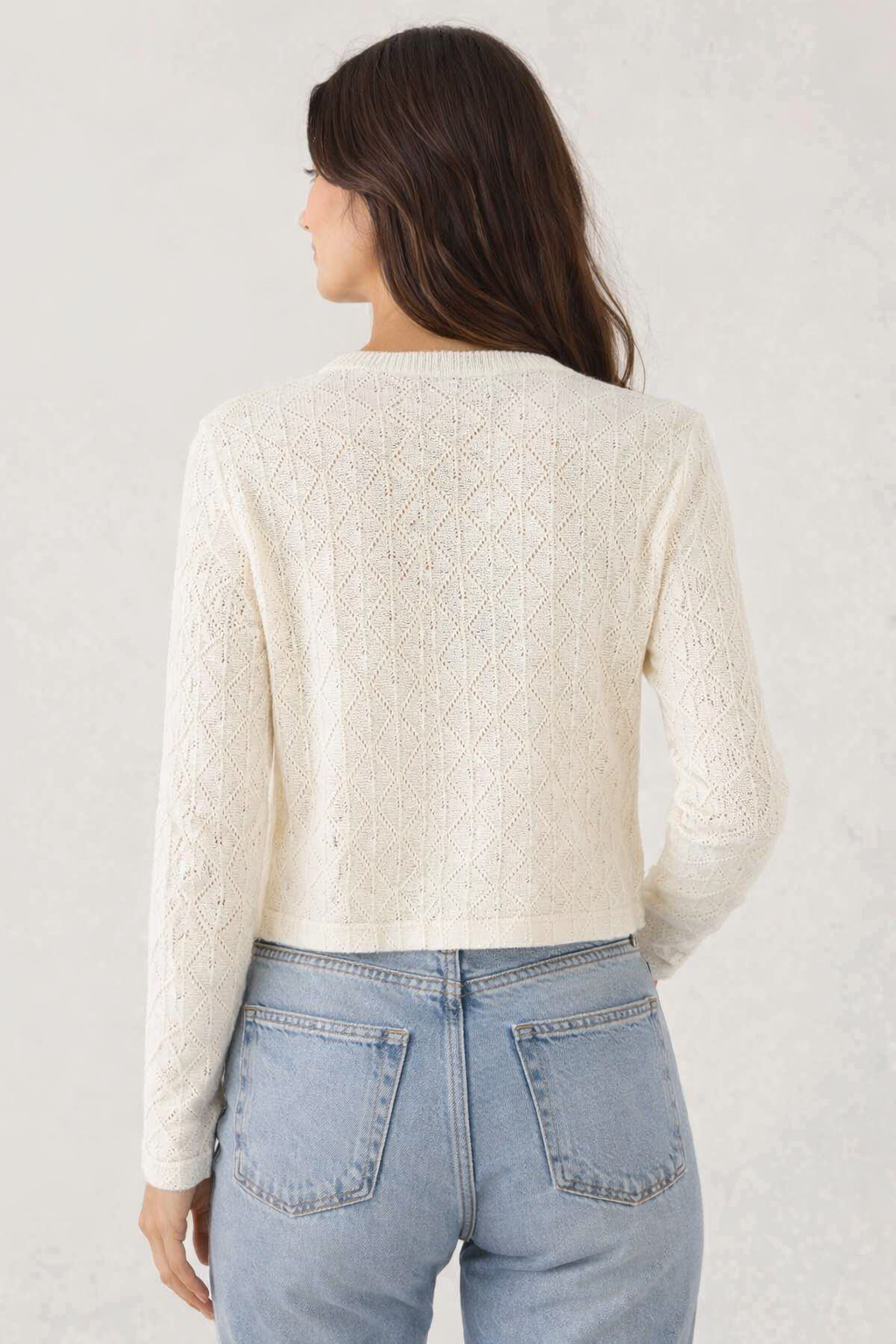 Cream Pointelle Knit Cardigan| Crew Neck Long Sleeve Button Front Lightweight Layering