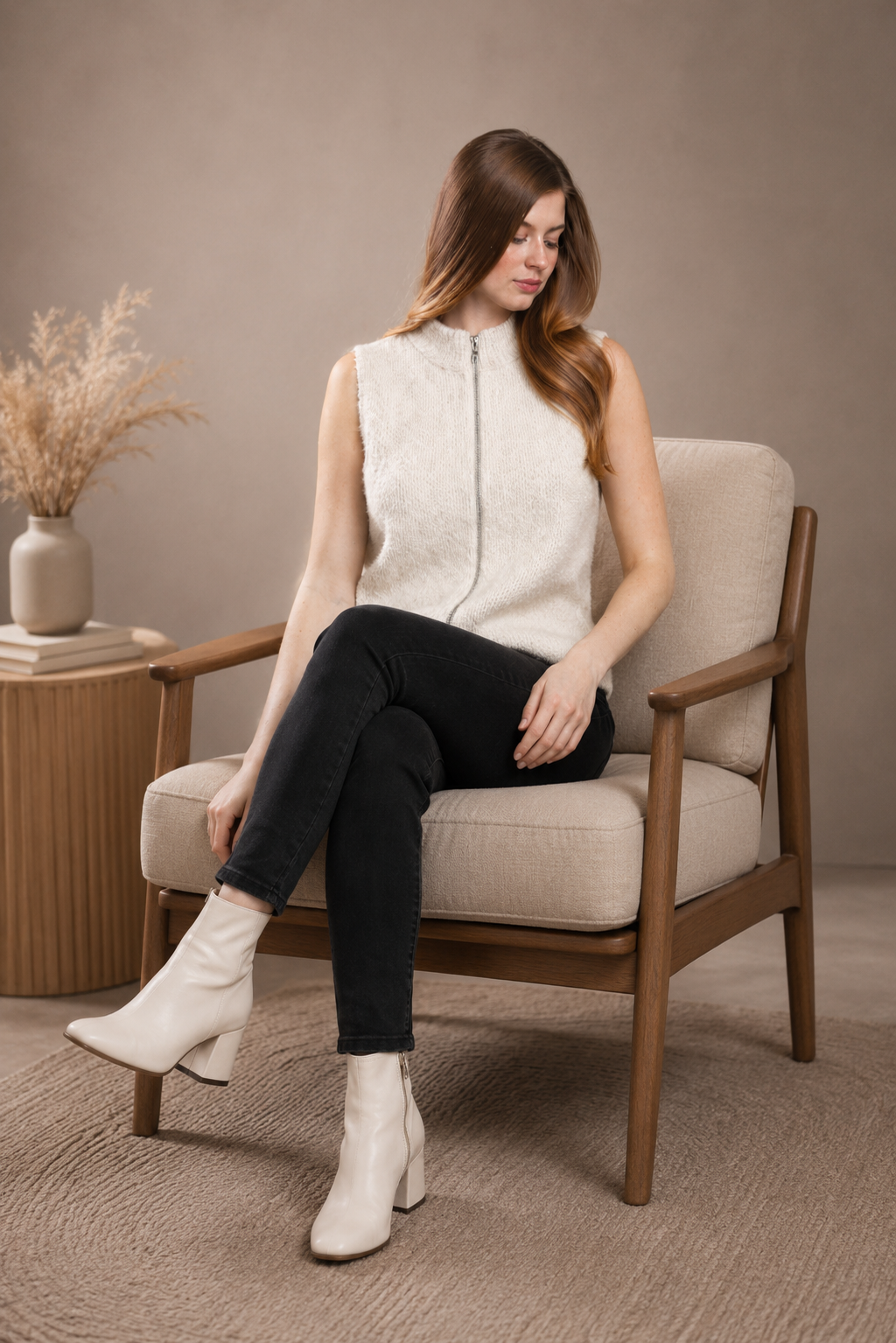Cream Sleeveless Zip-Up Sweater Vest | Mock Neck Knit Winter Sweater