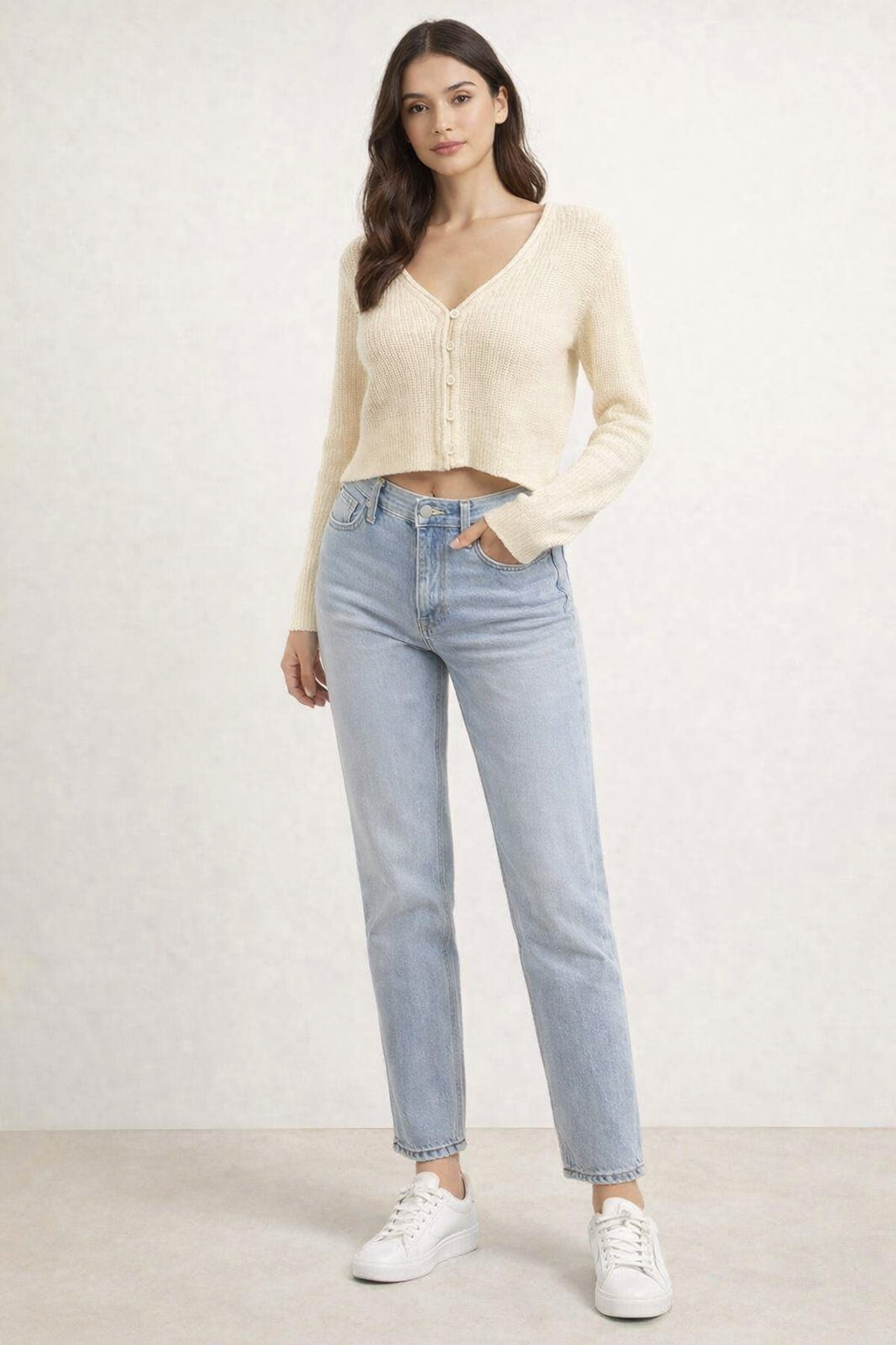 Knitted Crop Cardigan Sweater | 100% Acrylic | V-Neck | Button Front | Full Sleeves | Dark Cream