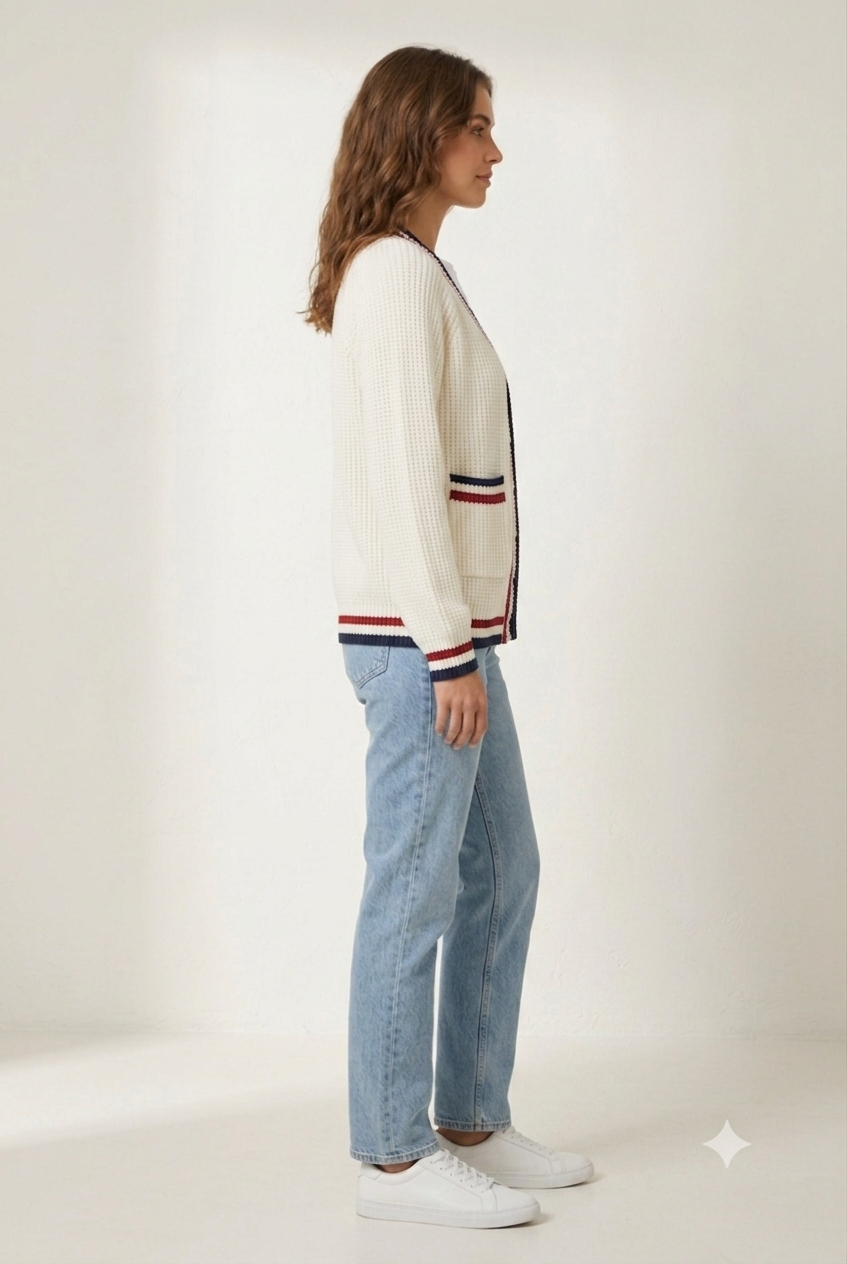 Knitted Cardigan Sweater | 100% Acrylic | V-Neck | Button Front | Full Sleeves | 2 Front Pockets | White