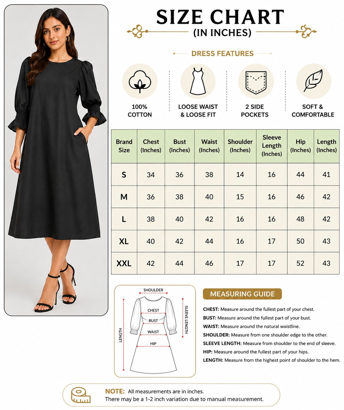 Black 100% Cotton Midi Dress | Puff 3/4 Sleeves | Loose Fit | 2 Side Pockets | Casual A-Line Dress