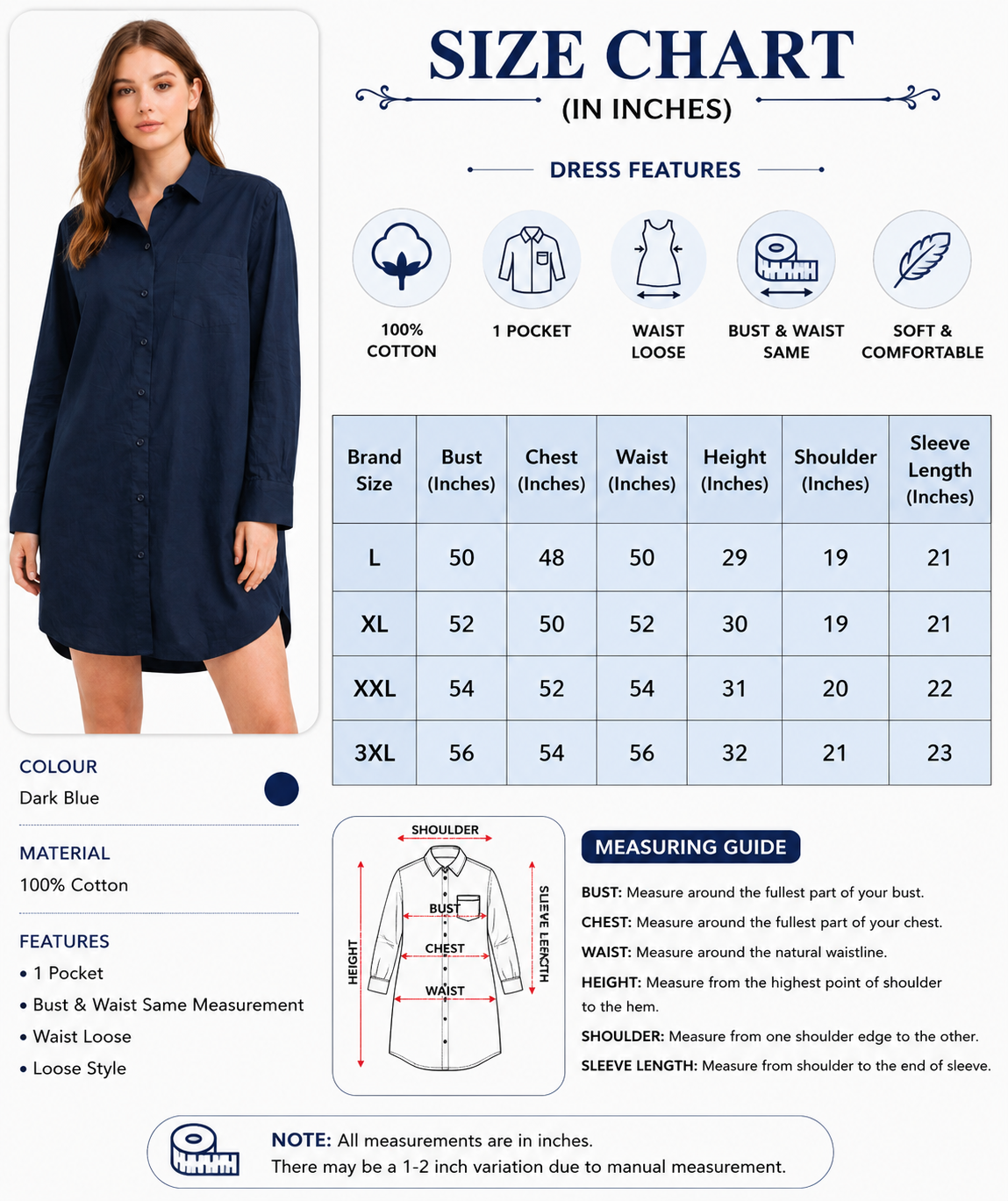 Dark Blue 100% Cotton Shirt Dress | Oversized Loose Fit | Full Sleeves | 1 Pocket | Casual Mini Dress