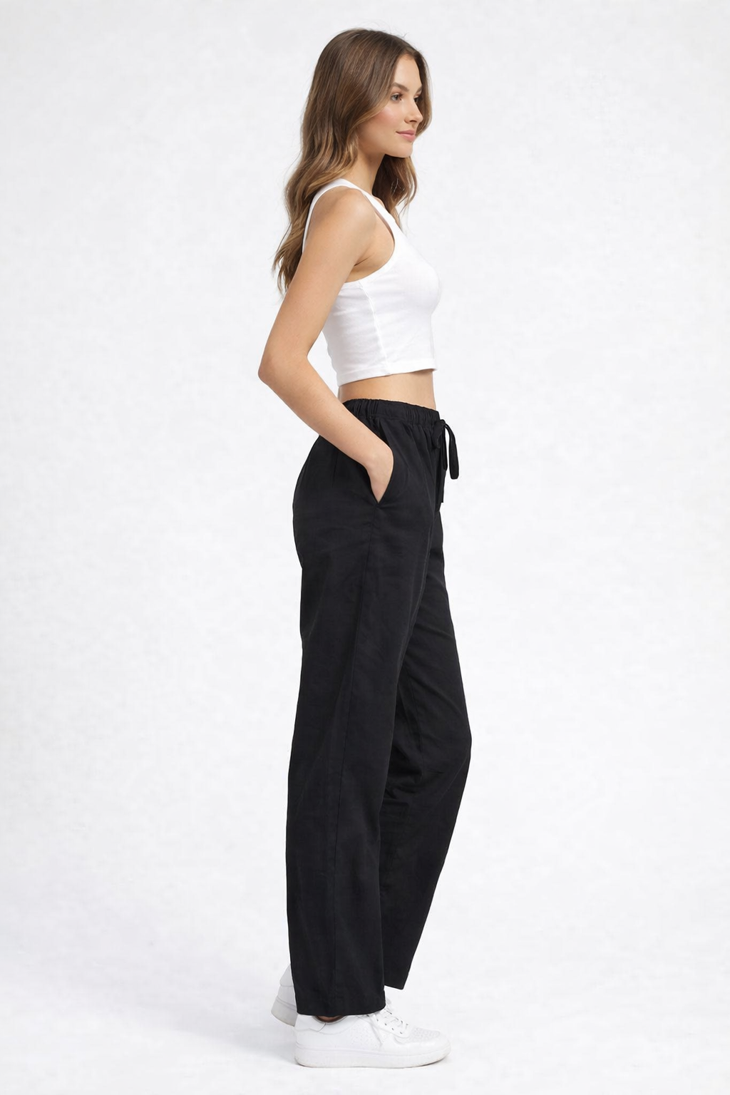 Black 100% Cotton Straight Fit Drawstring Pants | Elastic Waist | 2 Side Pockets | Casual Trousers