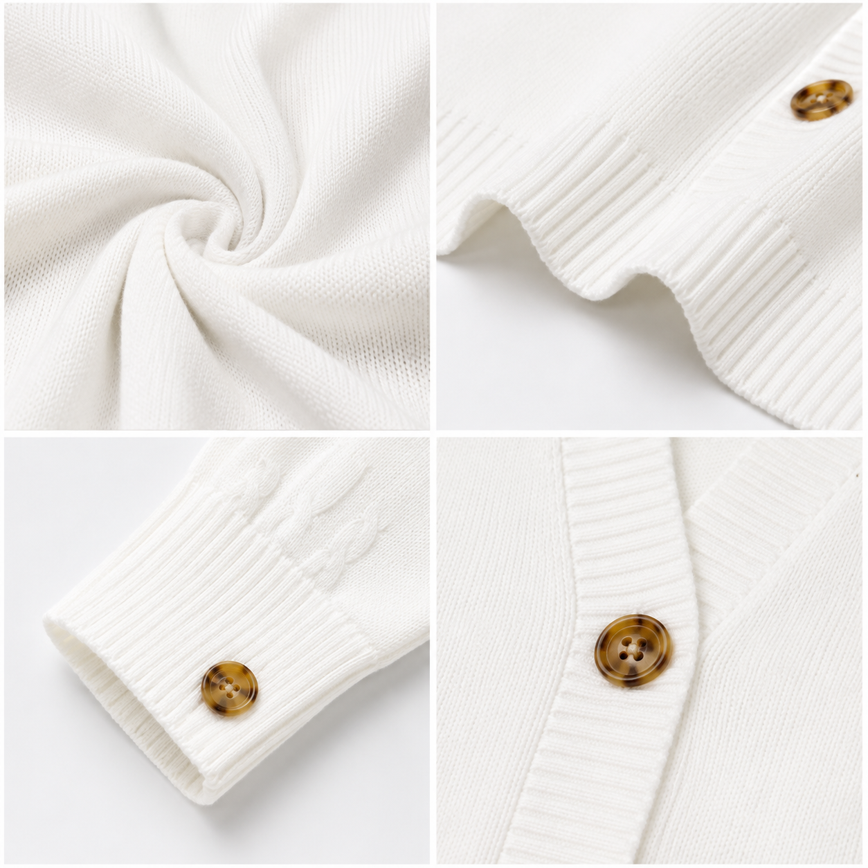 White V-Neck Button Front Knit Cardigan Sweater | Full Sleeve | Loose Fit | Soft Winter Wear | Casual Everyday Outerwear
