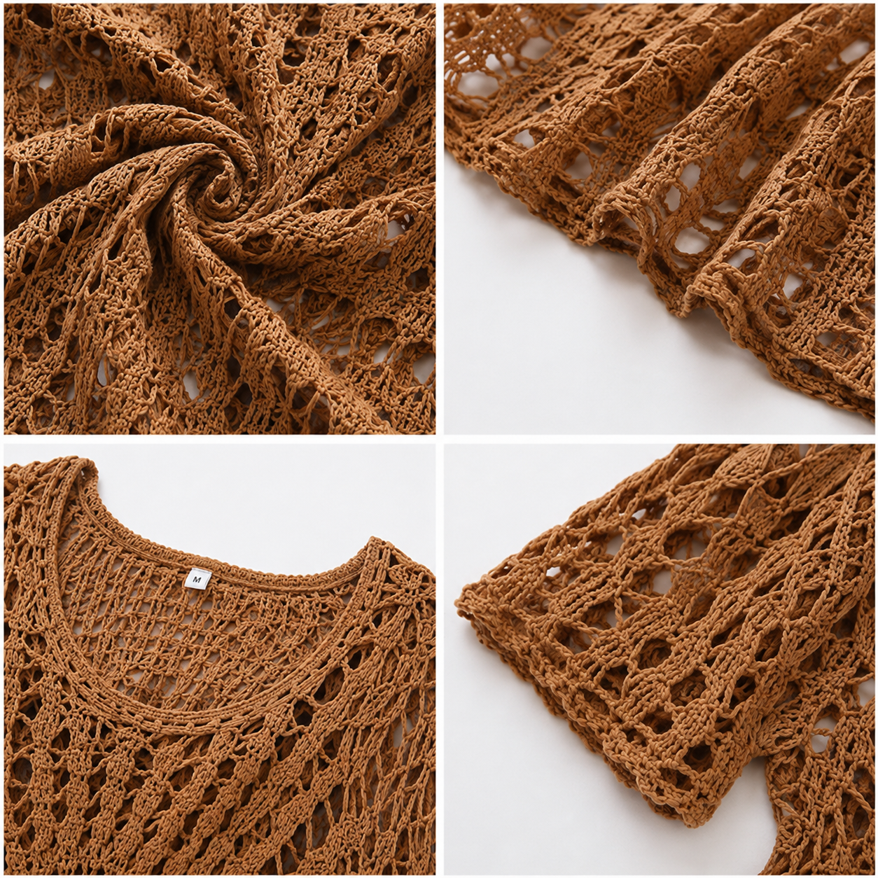 Crochet Cover Up Dress | Lightweight Sheer Beachwear | Round Neck Short Sleeve Resort Wear Brown