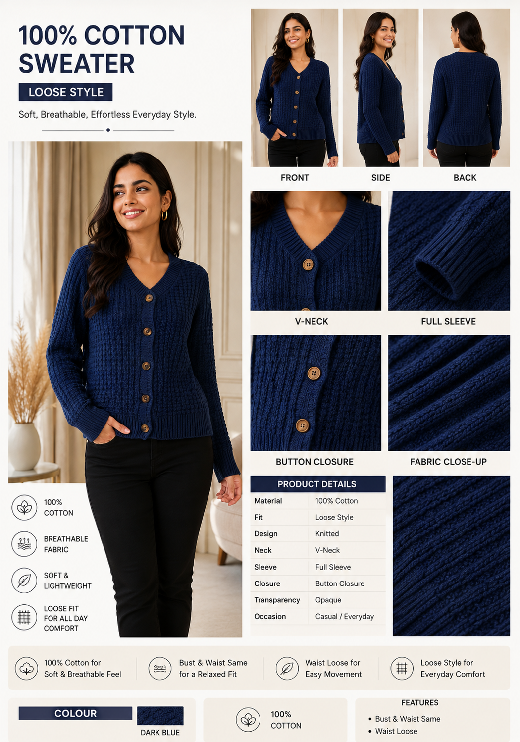 Dark Blue 100% Cotton Knitted Cardigan Sweater | V-Neck | Full Sleeve | Button Closure | Soft Loose Fit Casual Winter Wear