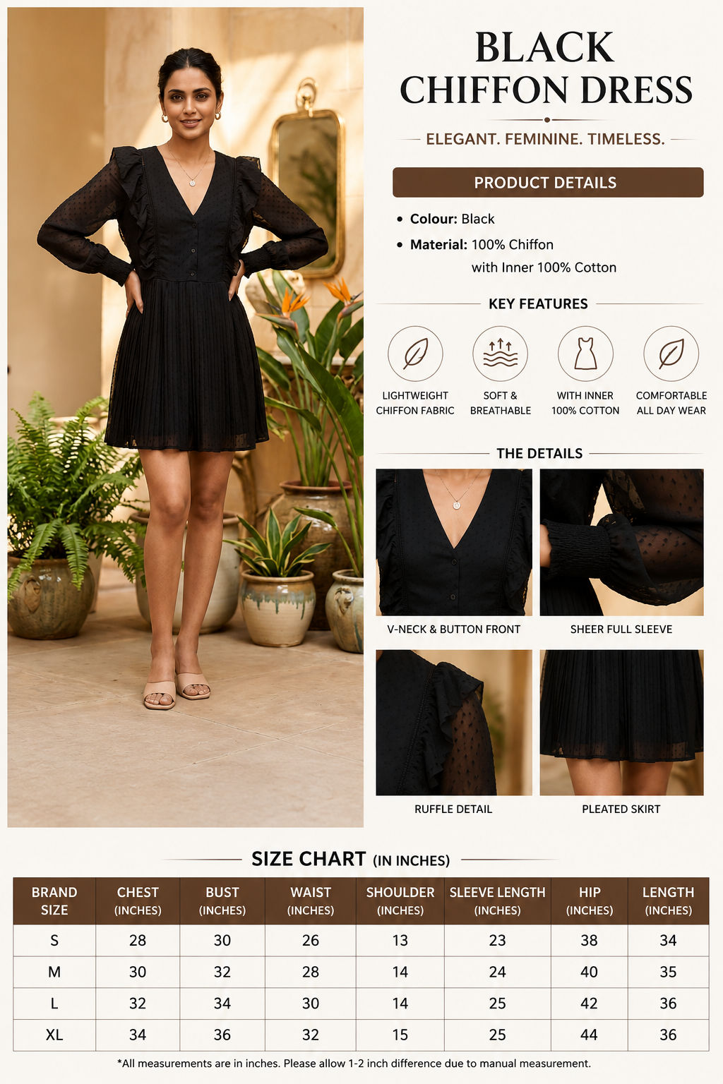Black Chiffon Pleated Dress with Ruffle Details, V-Neck Button Front, Full Sleeves & Cotton Inner