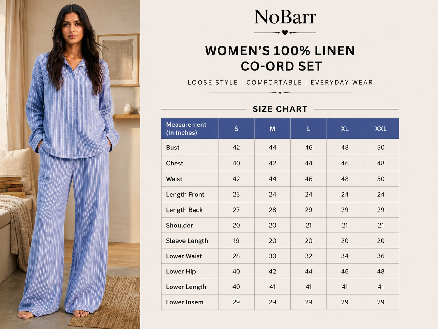 100% Linen Striped Shirt & Wide Leg Pant Co-Ord Set, Loose Fit Casual Lounge Wear Set