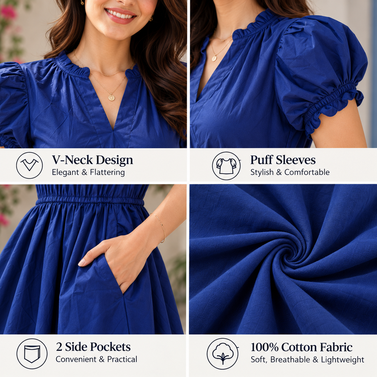 Blue Cotton Puff Sleeve V-Neck Fit & Flare Dress with 2 Side Pockets