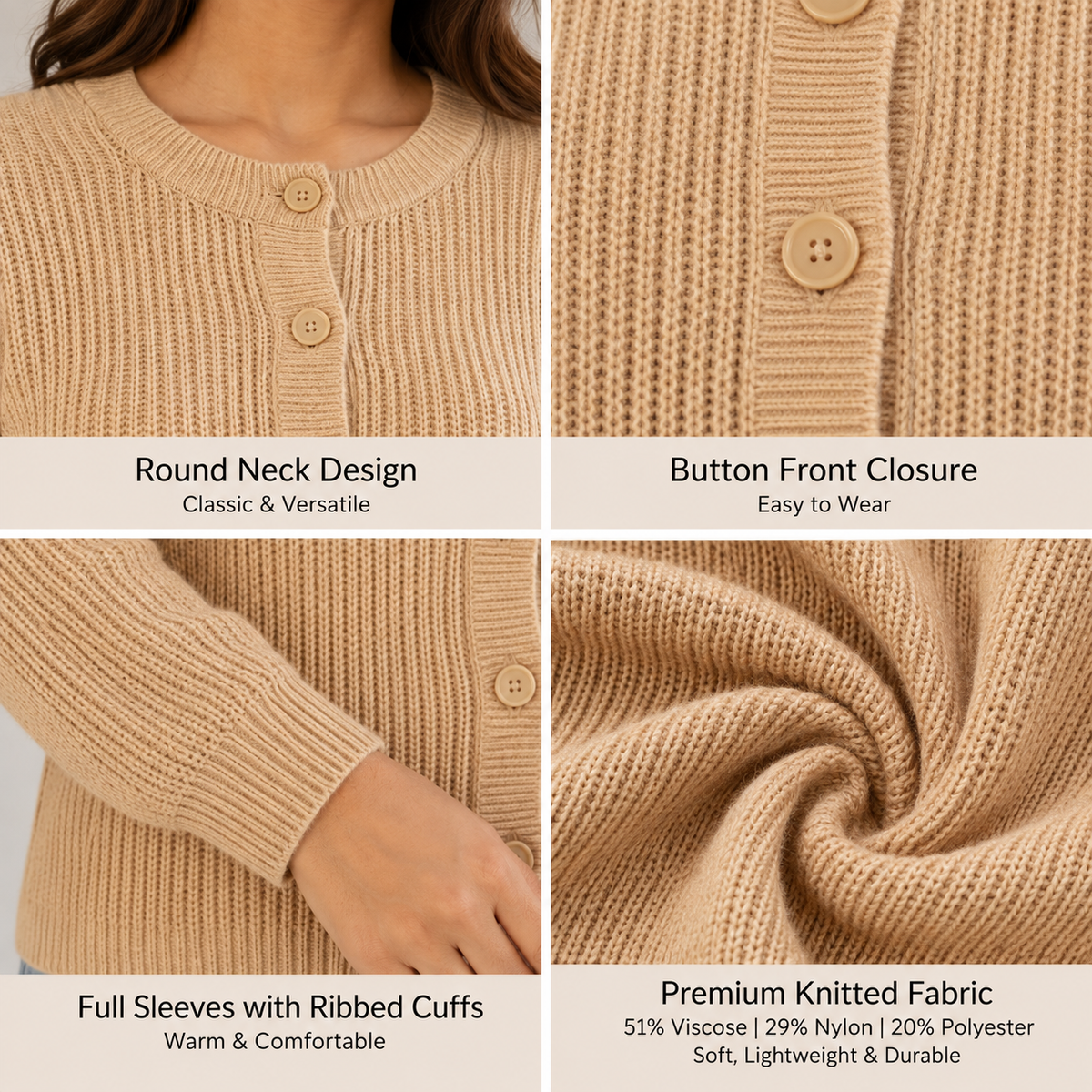 Brown Straight Fit Knitted Cardigan | Full Sleeve Button Front Sweater