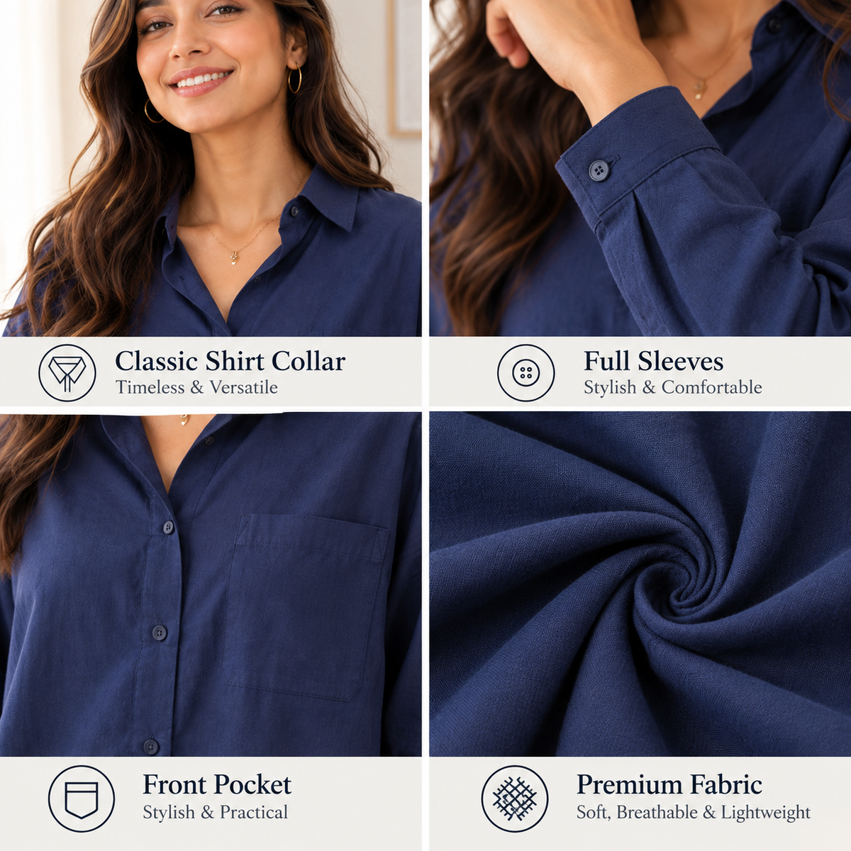 Dark Blue Linen Blend Shirt | Relaxed Loose Fit Full Sleeve Button-Down Casual Shirt