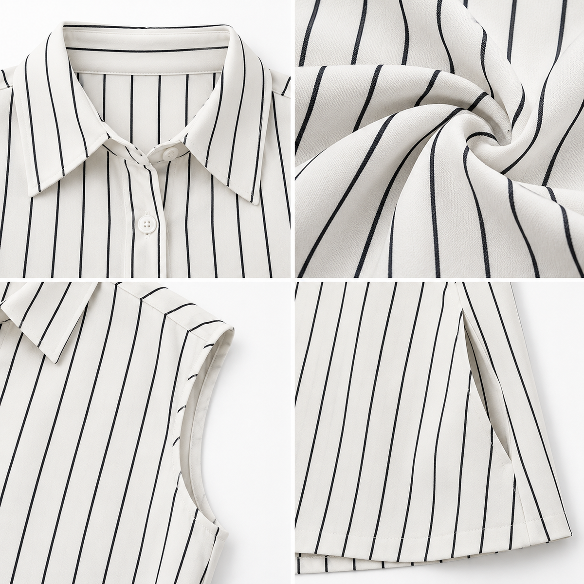 White and Black Striped Sleeveless Shirt Collar Midi Dress with Button-Down Front and Side Pockets