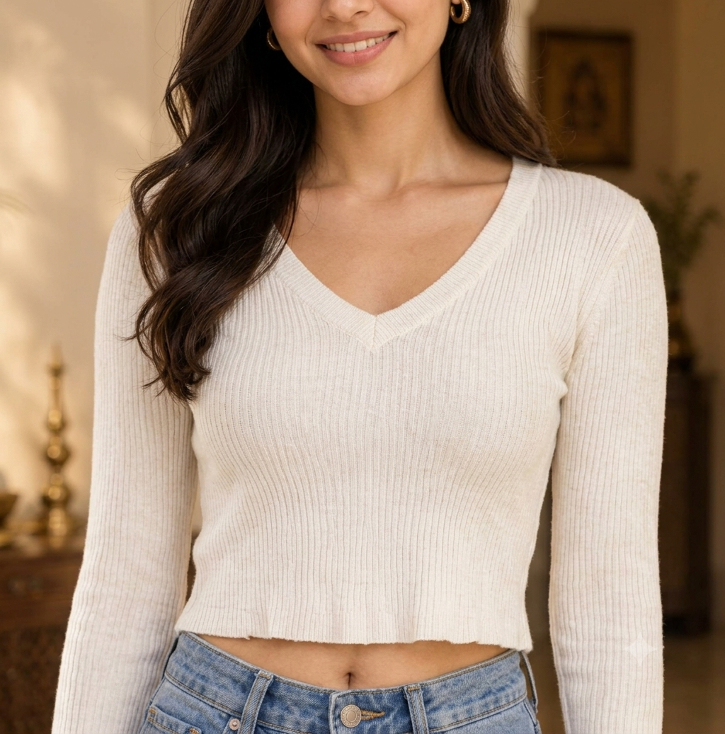 White Ribbed V-Neck Cropped Sweater Top with Full Sleeves
