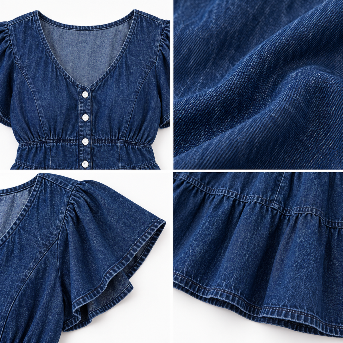 Blue Denim Tiered Mini Dress with V-Neck, Button-Front and Short Flutter Sleeves