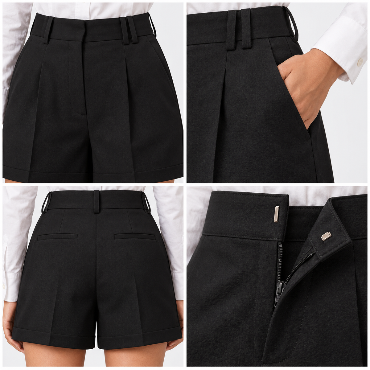 Black Tailored High-Waist Shorts with Pleated Front and Pockets